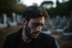 Portrait of a sad and depressed man in a black coat on the background of a cemetery.Funeral Concept AI generated photo