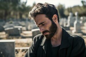 Portrait of a sad and depressed man in a black coat on the background of a cemetery.Funeral Concept AI generated photo