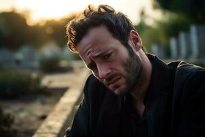 Portrait of a sad and depressed man in a black coat on the background of a cemetery.Funeral Concept AI generated photo