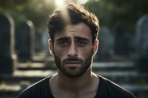 Portrait of a sad and depressed man in a black coat on the background of a cemetery.Funeral Concept AI generated photo