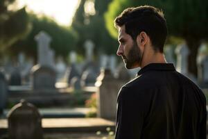 Portrait of a sad and depressed man in a black coat on the background of a cemetery.Funeral Concept AI generated photo