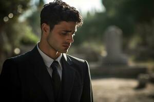 Portrait of a sad and depressed man in a black coat on the background of a cemetery.Funeral Concept AI generated photo