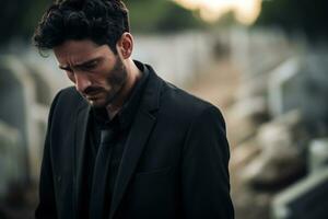 retrato de un triste y Deprimido hombre en un negro Saco en el antecedentes de un cementerio.funeral concepto ai generado foto