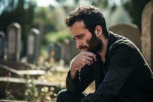 Portrait of a sad and depressed man in a black coat on the background of a cemetery.Funeral Concept AI generated photo