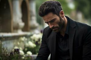 retrato de un triste y Deprimido hombre en un negro Saco en el antecedentes de un cementerio.funeral concepto ai generado foto