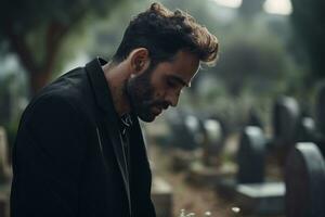 Portrait of a sad and depressed man in a black coat on the background of a cemetery.Funeral Concept AI generated photo