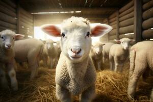 Portrait of a cute lamb on a background of sheep in the barn AI generated photo