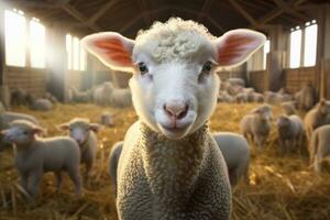 Portrait of a cute lamb on a background of sheep in the barn AI generated photo