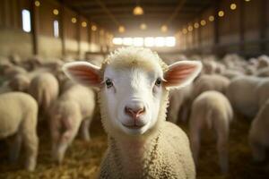 Portrait of a cute lamb on a background of sheep in the barn AI generated photo