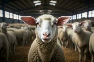 Portrait of a cute lamb on a background of sheep in the barn AI generated photo