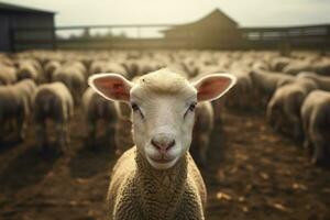 Portrait of a cute lamb on a background of sheep in the barn AI generated photo