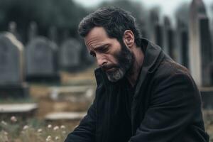 Portrait of a sad and depressed man in a black coat on the background of a cemetery.Funeral Concept AI generated photo