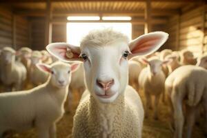 Portrait of a cute lamb on a background of sheep in the barn AI generated photo