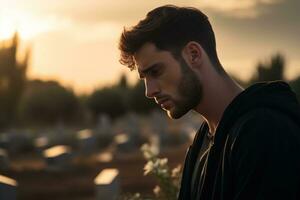 Portrait of a sad and depressed man in a black coat on the background of a cemetery.Funeral Concept AI generated photo