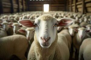 Portrait of a cute lamb on a background of sheep in the barn AI generated photo