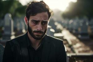 Portrait of a sad and depressed man in a black coat on the background of a cemetery.Funeral Concept AI generated photo