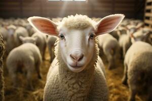 Portrait of a cute lamb on a background of sheep in the barn AI generated photo