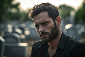 Portrait of a sad and depressed man in a black coat on the background of a cemetery.Funeral Concept AI generated photo