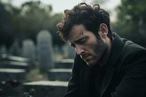 Portrait of a sad and depressed man in a black coat on the background of a cemetery.Funeral Concept AI generated photo