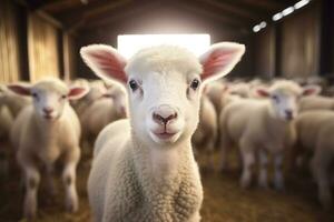 Portrait of a cute lamb on a background of sheep in the barn AI generated photo