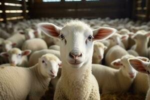 Portrait of a cute lamb on a background of sheep in the barn AI generated photo