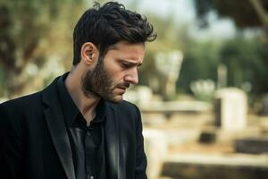 Portrait of a sad and depressed man in a black coat on the background of a cemetery.Funeral Concept AI generated photo