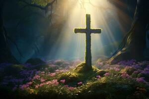 Wooden cross in the forest with sunlight in the morning AI generated photo