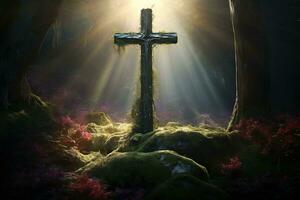 Wooden cross in the forest with sunlight in the morning AI generated photo