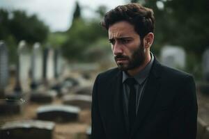 Portrait of a sad and depressed man in a black coat on the background of a cemetery.Funeral Concept AI generated photo