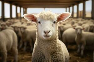 Portrait of a cute lamb on a background of sheep in the barn AI generated photo