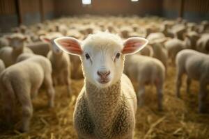 Portrait of a cute lamb on a background of sheep in the barn AI generated photo