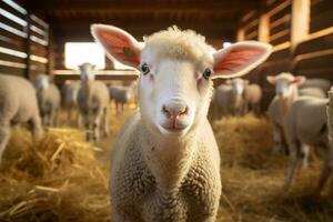 Portrait of a cute lamb on a background of sheep in the barn AI generated photo