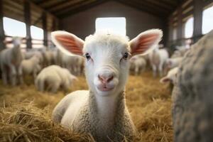 Portrait of a cute lamb on a background of sheep in the barn AI generated photo