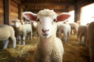 Portrait of a cute lamb on a background of sheep in the barn AI generated photo