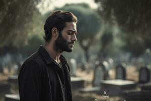 Portrait of a sad and depressed man in a black coat on the background of a cemetery.Funeral Concept AI generated photo