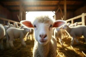 Portrait of a cute lamb on a background of sheep in the barn AI generated photo