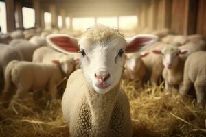 Portrait of a cute lamb on a background of sheep in the barn AI generated photo