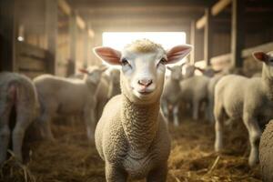 Portrait of a cute lamb on a background of sheep in the barn AI generated photo