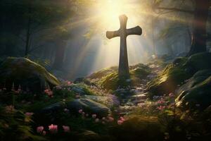 Wooden cross in the forest with sunlight in the morning AI generated photo