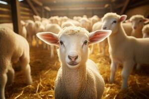 Portrait of a cute lamb on a background of sheep in the barn AI generated photo