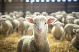 Portrait of a cute lamb on a background of sheep in the barn AI generated photo