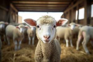 Portrait of a cute lamb on a background of sheep in the barn AI generated photo