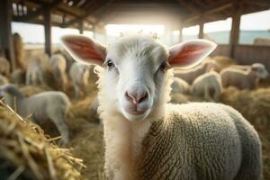 Portrait of a cute lamb on a background of sheep in the barn AI generated photo