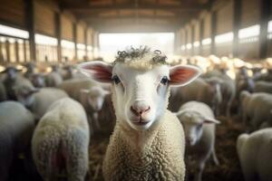 Portrait of a cute lamb on a background of sheep in the barn AI generated photo