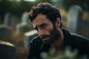 retrato de un triste y Deprimido hombre en un negro Saco en el antecedentes de un cementerio.funeral concepto ai generado foto