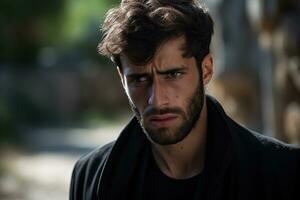 retrato de un triste y Deprimido hombre en un negro Saco en el antecedentes de un cementerio.funeral concepto ai generado foto