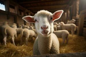 Portrait of a cute lamb on a background of sheep in the barn AI generated photo
