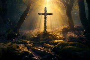 Wooden cross in the forest with sunlight in the morning AI generated photo