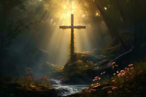 Wooden cross in the forest with sunlight in the morning AI generated photo