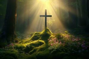 Wooden cross in the forest with sunlight in the morning AI generated photo